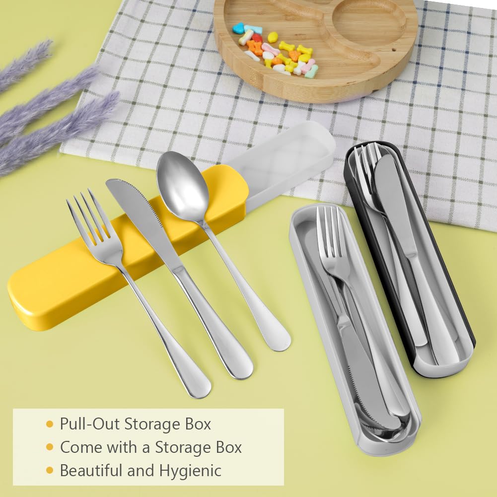 HOTUT 3 Pezzi Posate Da Campeggio Kit con Borsa Portaoggetti, Set di Posate Acciaio Inox, Finitura Lucida Lavabili in Lavastoviglie, Posate Da Viaggio in Argento con Cucchiaio Forchetta Coltello