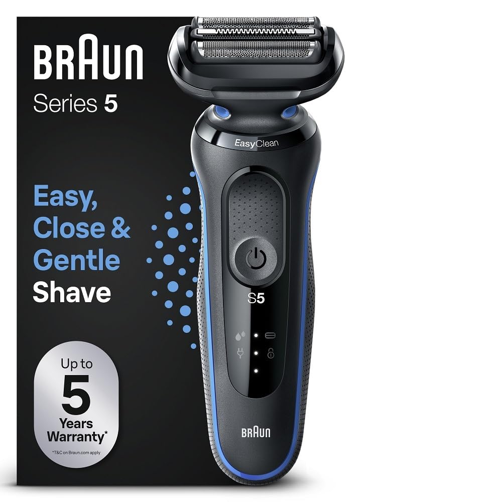 Braun Series 5 Afeitadora Eléctrica Hombre, Máquina de Afeitar Barba EasyClean, Uso En Seco Y En Mojado, Recargable, Inalámbrica, 51-B1000s, Azul