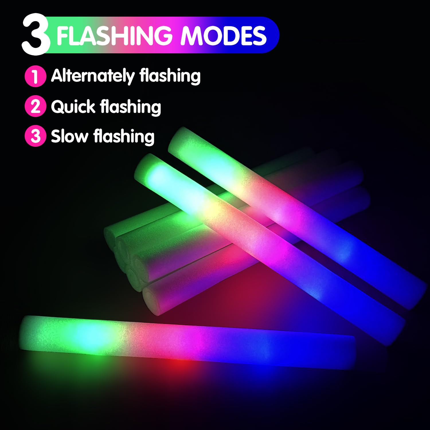 DoInFun 46 Pieces LED Foam Glow Sticks with 3 Mode Flashing Glow Sticks Bulk Pack Kids Party Bag Fillers for Halloween Christmas - Image 3
