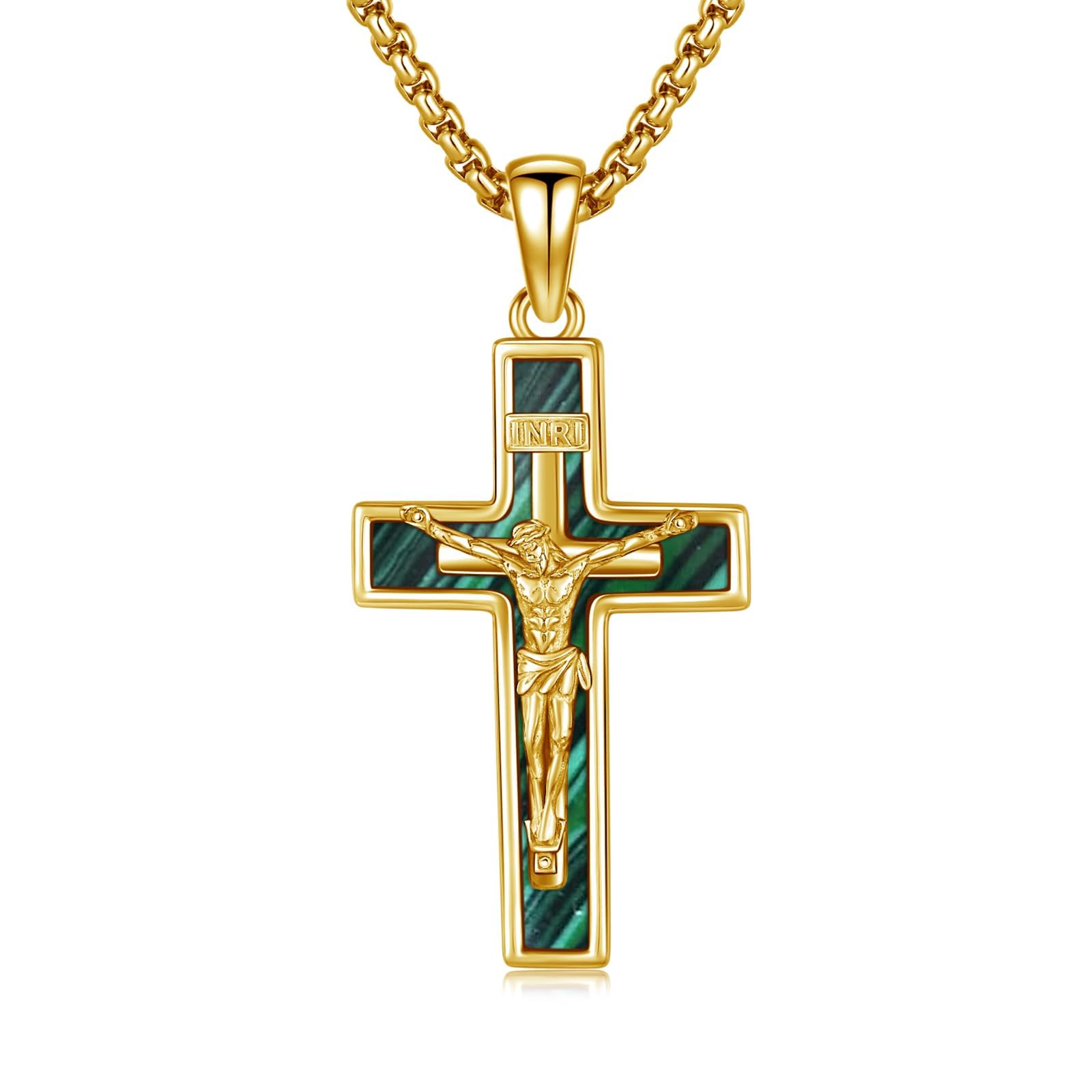 OHAYOO Crocifisso, collana da uomo in argento sterling 925, a forma di croce con ciondolo a forma di Gesù, abalone/turchese/malachite