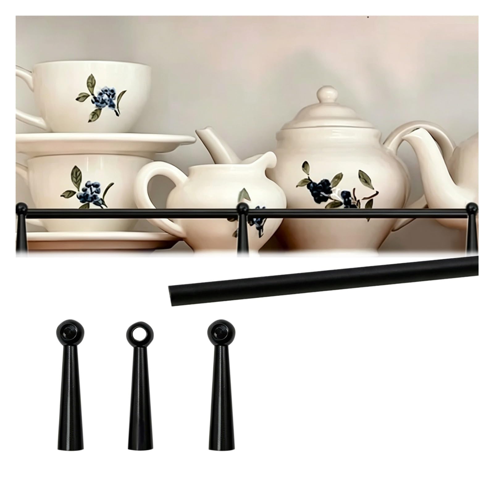 Aluminum Tipping Gallery Rails Set 95 85 75 65 55 45cm, Customizable Guard Rail for Shelving with 3 Spindles, Decor Floating Shelf Railing Rod for Glassware, Collectibles(Black B,85cm/33.5in)