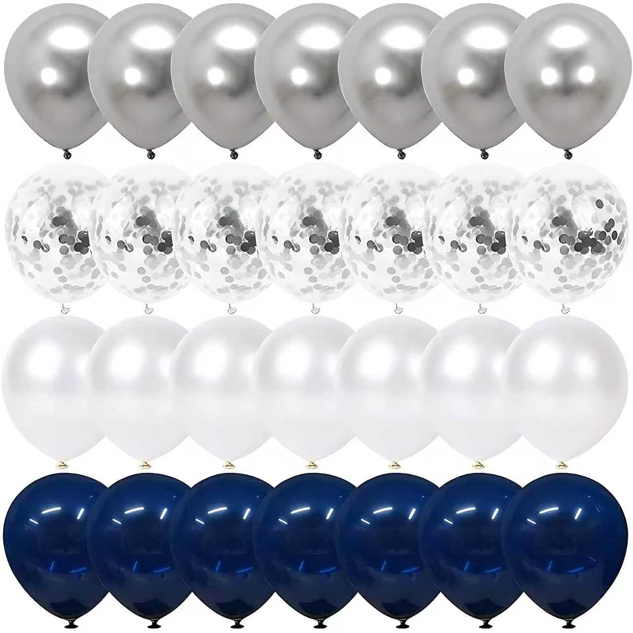 Photo 1 of Navy Blue and Silver Confetti Balloons 50 pcs, 12 inch White Pearl and Silver Metallic Chrome Party Balloons for 2026 Graduation Party Decorations