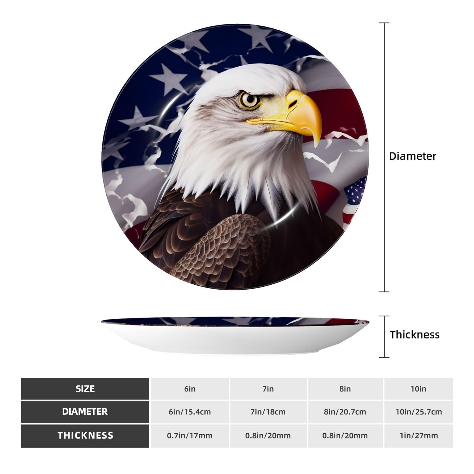 Dekorativer Teller aus Knochenporzellan mit US-Flagge und Weißkopfseeadlermotiv, personalisierbar, inklusive Ständer, 25 cm (10 Zoll)