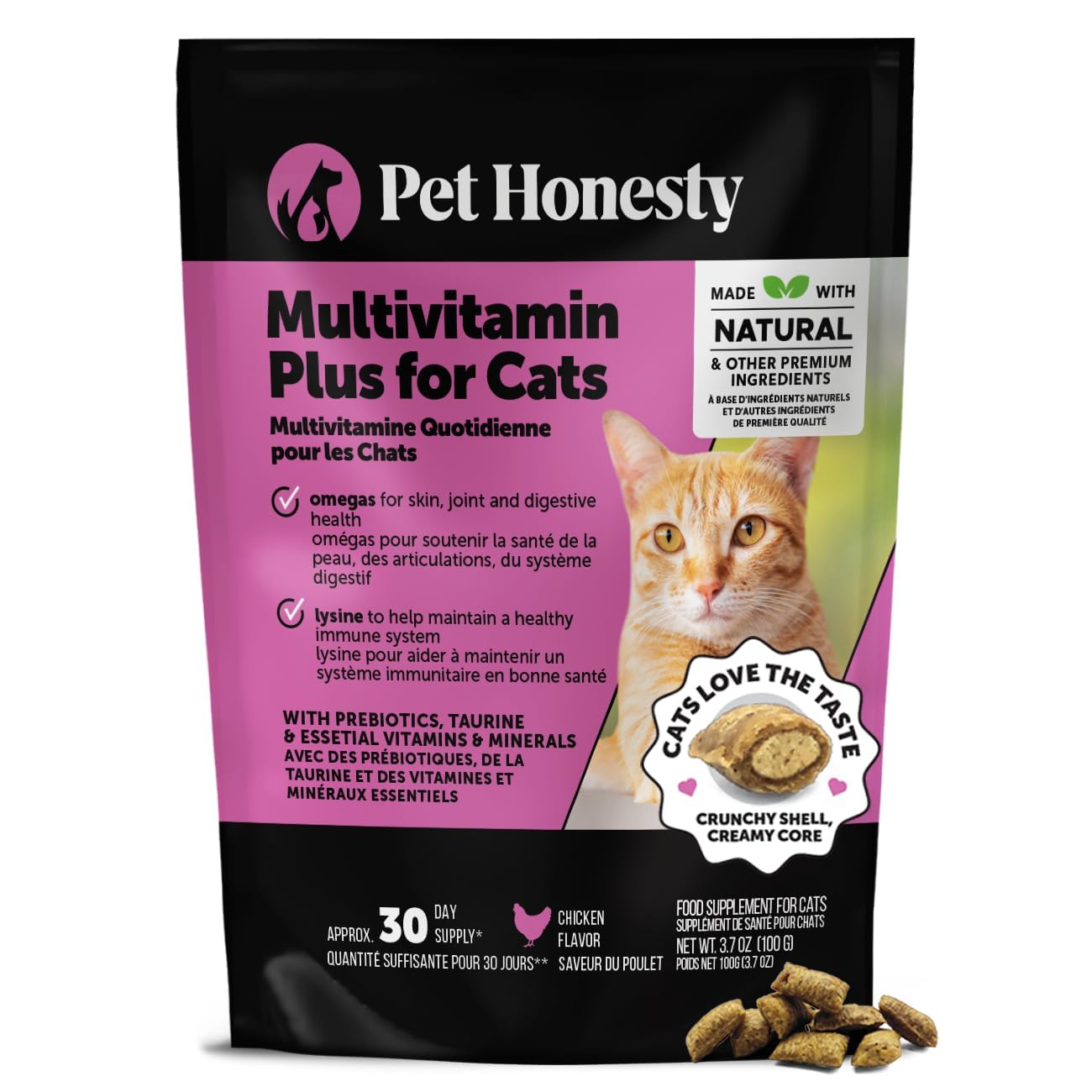 Pet Honesty Cat Multivitamin Crunchy & Creamy Chews - Cat Treats for Health + Immune, Joint Support, Skin & Coat, & Digestion - Vitamins with Omega 3s, Lysine & Probiotics (30 Day Supply)