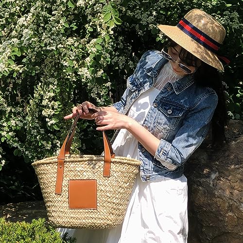 Image of Straw Basket Tote Bag for Women PU Leather Strap Hollow Woven Top Handle Straw Purses and Handbags