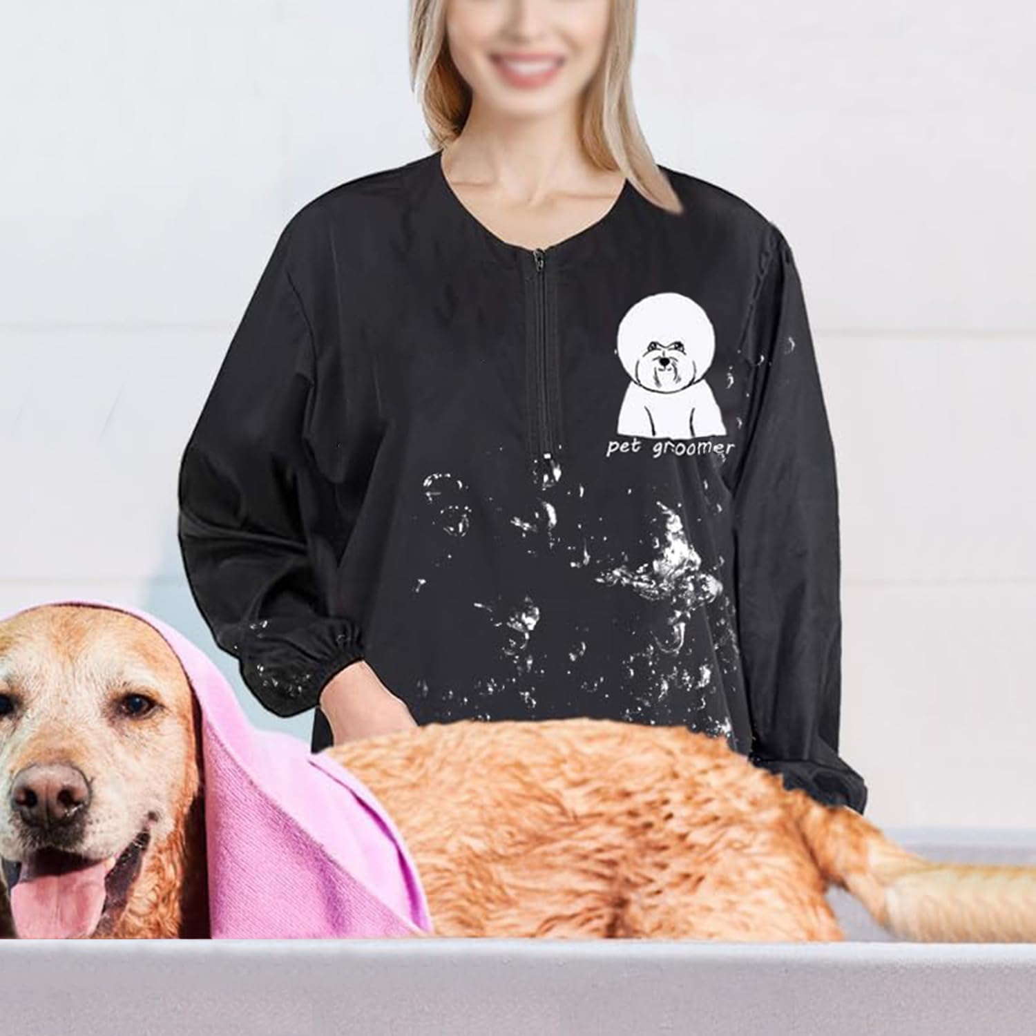 Tablier de toilettage imperméable avec fermeture éclair à manches longues pour animal domestique avec deux poches