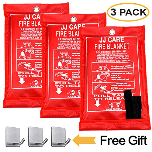 JJ CARE Pack of 3 Fire Blanket Fire Fighting Suppression Blanket Fiberglass Cloth
