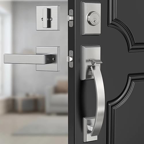 Juego de cerraduras de puerta delantera, manija de puerta delantera plateada y cerrojo ajustable, manija de puerta de níquel satinado de 12.7