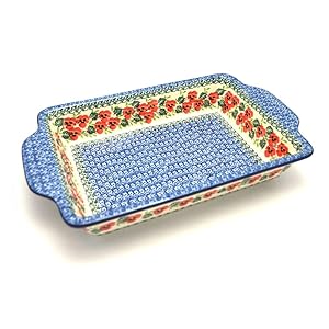 Polish Pottery Baker – Rectangular with Tab Handles – 7 cups – Red Pansy