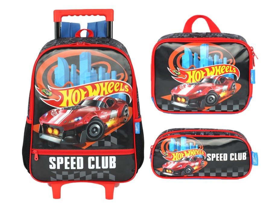 Kit Mochila Rodinha Hot Wheels Lancheira Estojo 2026 Preto