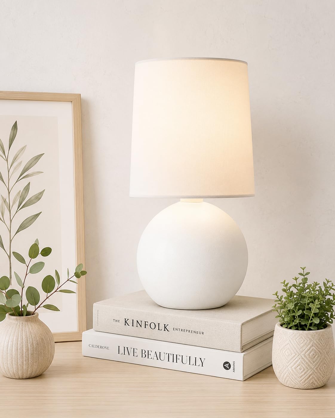 Homesake Bedside Ceramic Table Lamp, Classic Desk lamp for Living Room Bedroom, Farmhouse Nightstand Lamps Round with Fabric Shade (White), Incandescent-picture-10