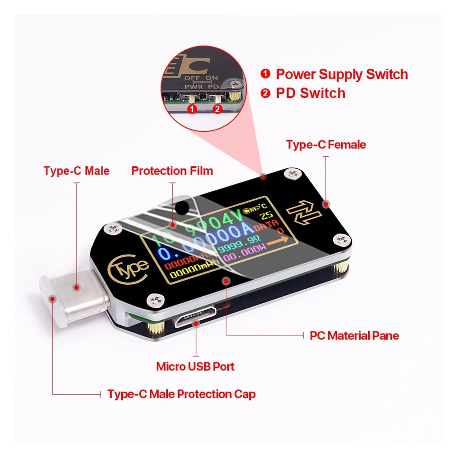 Urządzenie pomiarowe tester USB TC66 / TC66C Rodzaj -C PD spust USB-C Woltomierz napięcia amperomierz 2 sposób ładowarka miernik prądu multimetr PD bateria Usb. Próbnik.(TC66)