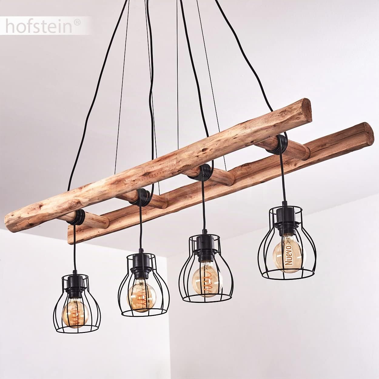 Lámpara colgante alargada Gondo de metal/madera en negro/madera, lámpara de techo de 4 luces con pantallas en forma de celosía, regulable individualmente, altura máx. 193 cm, 4 x E27, sin bombilla(s)