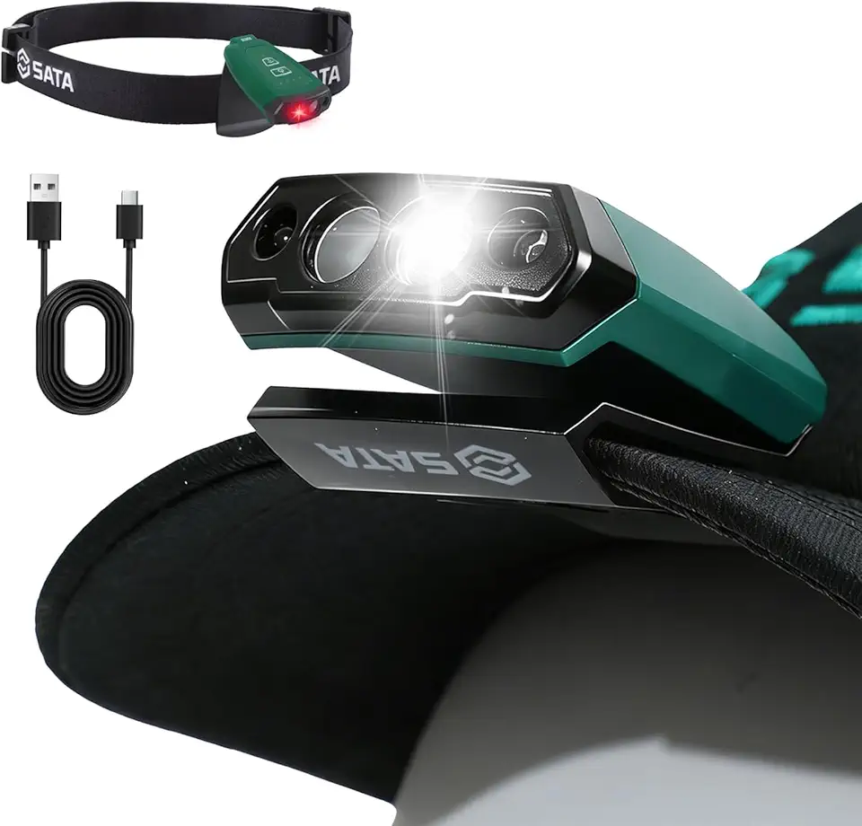 SATA Lanterna de cabeça de LED recarregável, sensor de movimento com luz vermelha branca, IP54 impermeável, clipe ajustável de 90°, tempo de execução de 15H para corrida, caminhada, acampamento, caça