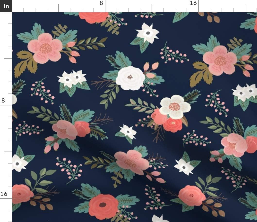 Spoonflower Fabric - Navy, Floral, Bouquets, Coral, Spring, Nursery, Pink, Flowers, Printed on Cotton Poplin Fabric by The Yard - Sewing Shirting Quilting Dresses Apparel Crafts