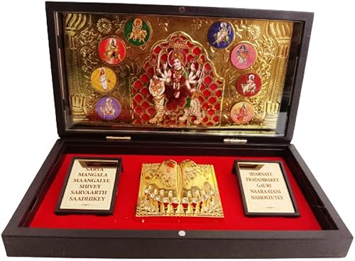 La diosa chapada en oro de Hiranaakshi, Durga MATA, Ambey Sherawali Maa Navdurga con templo de bolsillo Charan Paduka, Durga, SHERAVALI MATA, ideal