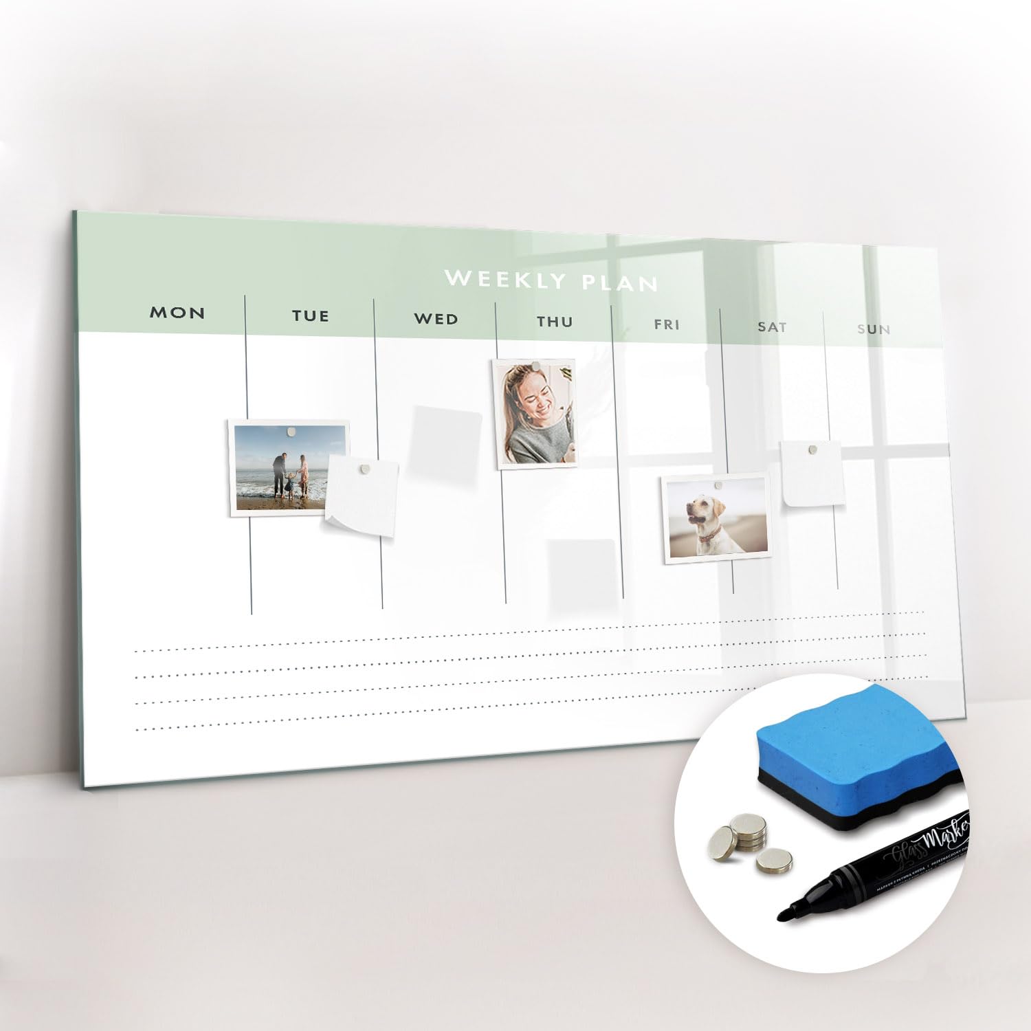 Lavagna in Vetro Magnetica con Accessori | Magneti Potenti, Pennarello e Gomma Inclusi | Ottima per Casa, Ufficio e Scuola - 120x60 - Agenda settimanale