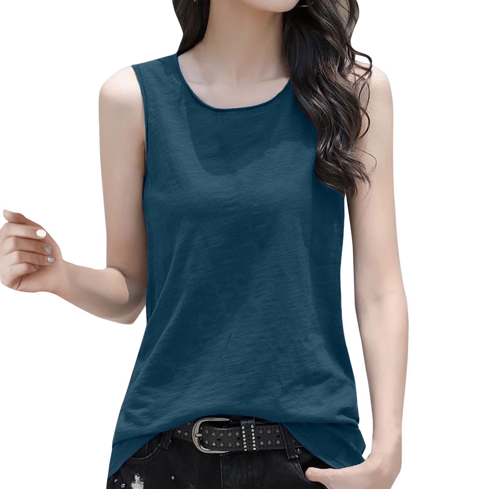 Basic Tank Top Womens O-Neck Sleeveless Summer Tunic Tops Solid Comfort Slub Cotton Vest Casual Undershirt