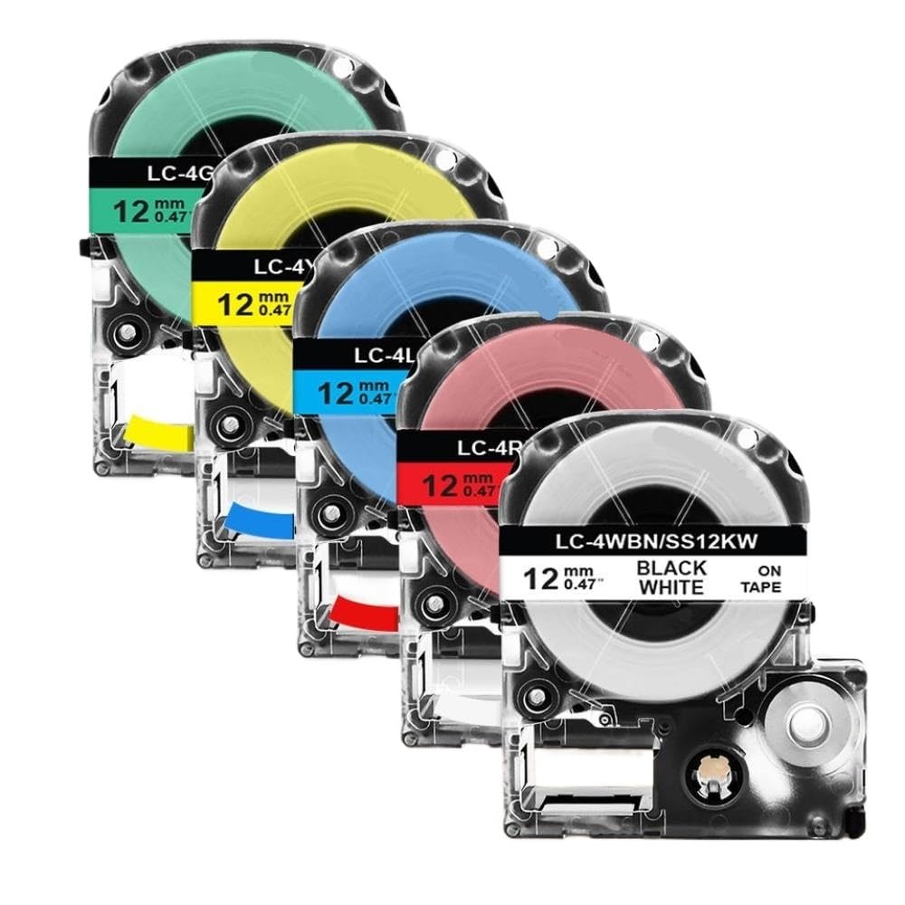 Lot de 5 ou 10 SS12KW LK 4WBN compatible avec ruban d'étiquettes de 12 mm ST12KW SC12RW SC12YW pour imprimante d'étiquettes LW 300 400 (5 couleurs mixtes)