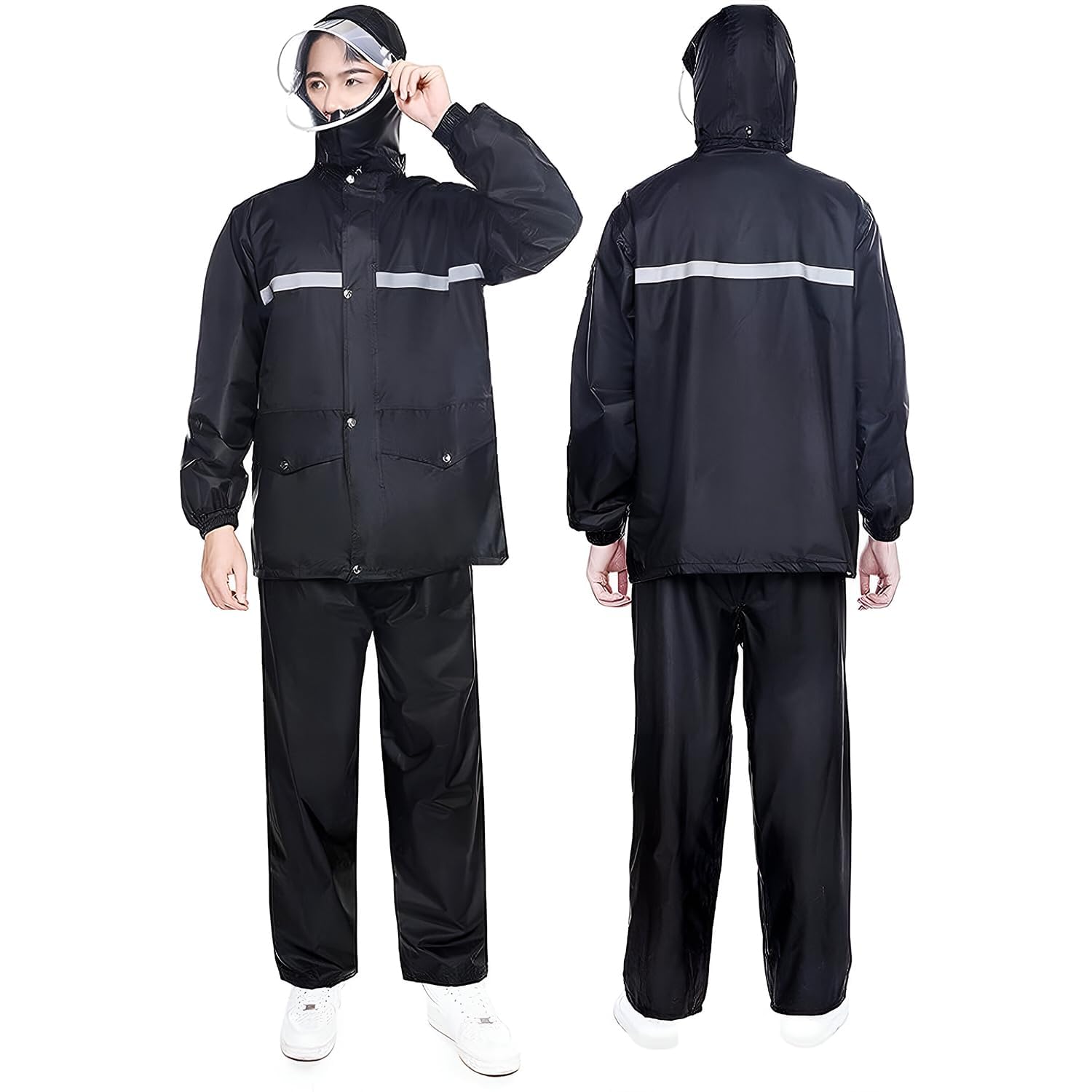 Pivalo Reusable 100% Air & Waterproof Unisex Raincoat Imported Seam Sealed Snow Suit Windcheater Rain Jacket Transparent Face Shield & Detachable Hood for Bikers Hiking Traveling (Size-XL, Black)-picture-37
