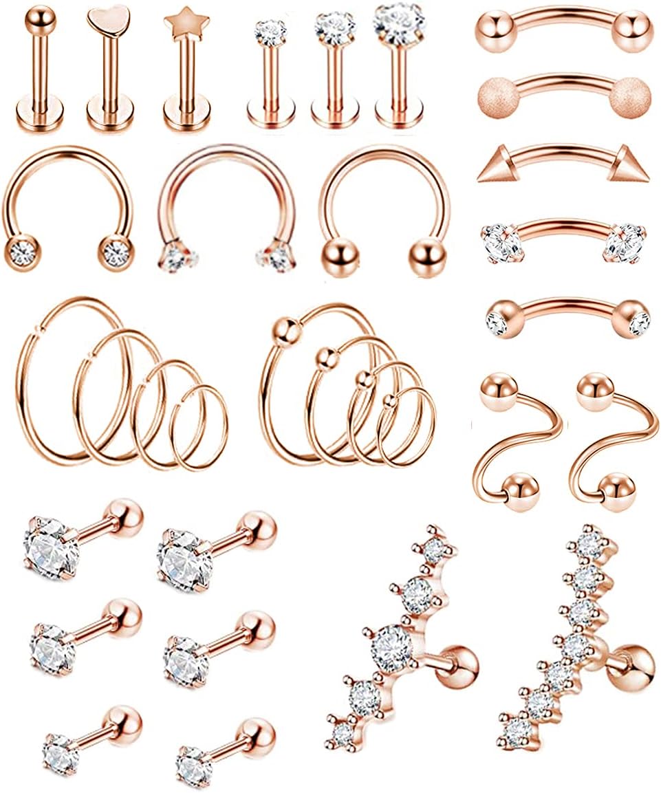 32Pcs Stainless Steel Cartilage Stud Earrings for Women Conch Helix Tragus Daith Conch Hoop Earing Piercing Jewelry Set