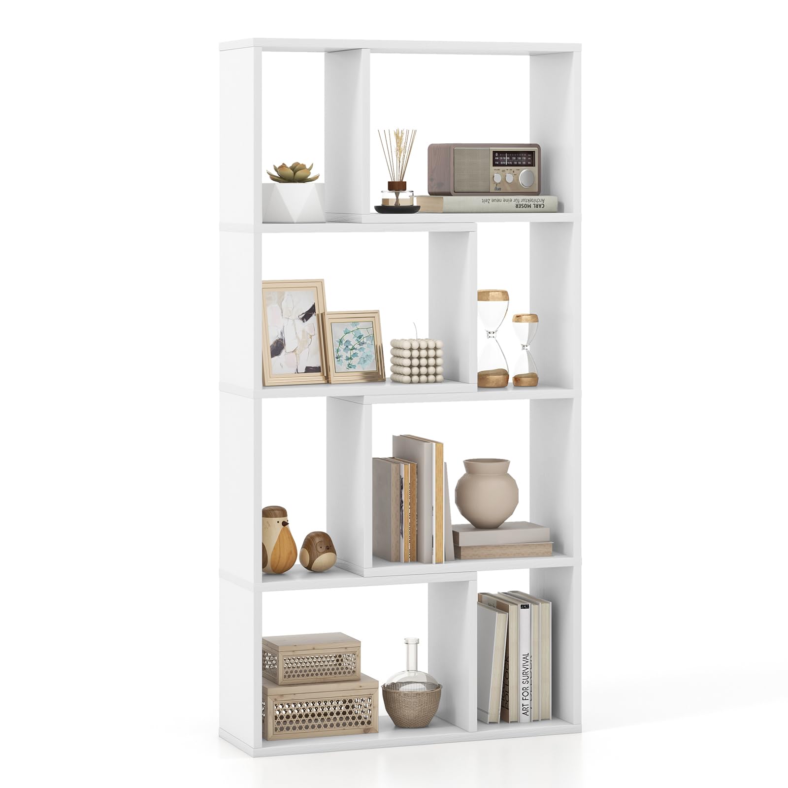 COSTWAY 4-Tier 8-Cube Bookshelf, white, filled with books and decorative items