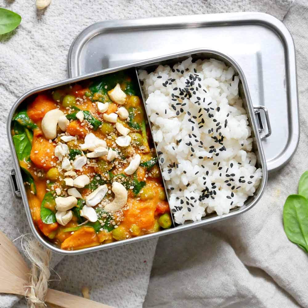 pandoo Contenitore per il pranzo in acciaio inox, 1200 ml, con sacchetto di cotone, divisore e e-book, a prova di perdite, ecologico per bambini e adulti, contenitore per il pranzo flessibile