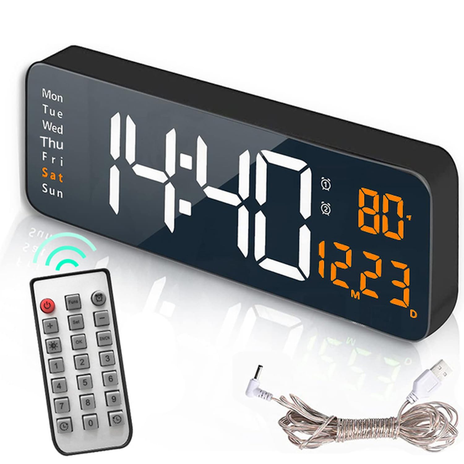 TriLine LED Large Digital Wall Clock for Living Room Bedroom with Remote Control, 16 Inch LED Desk Clock Temperature, Date