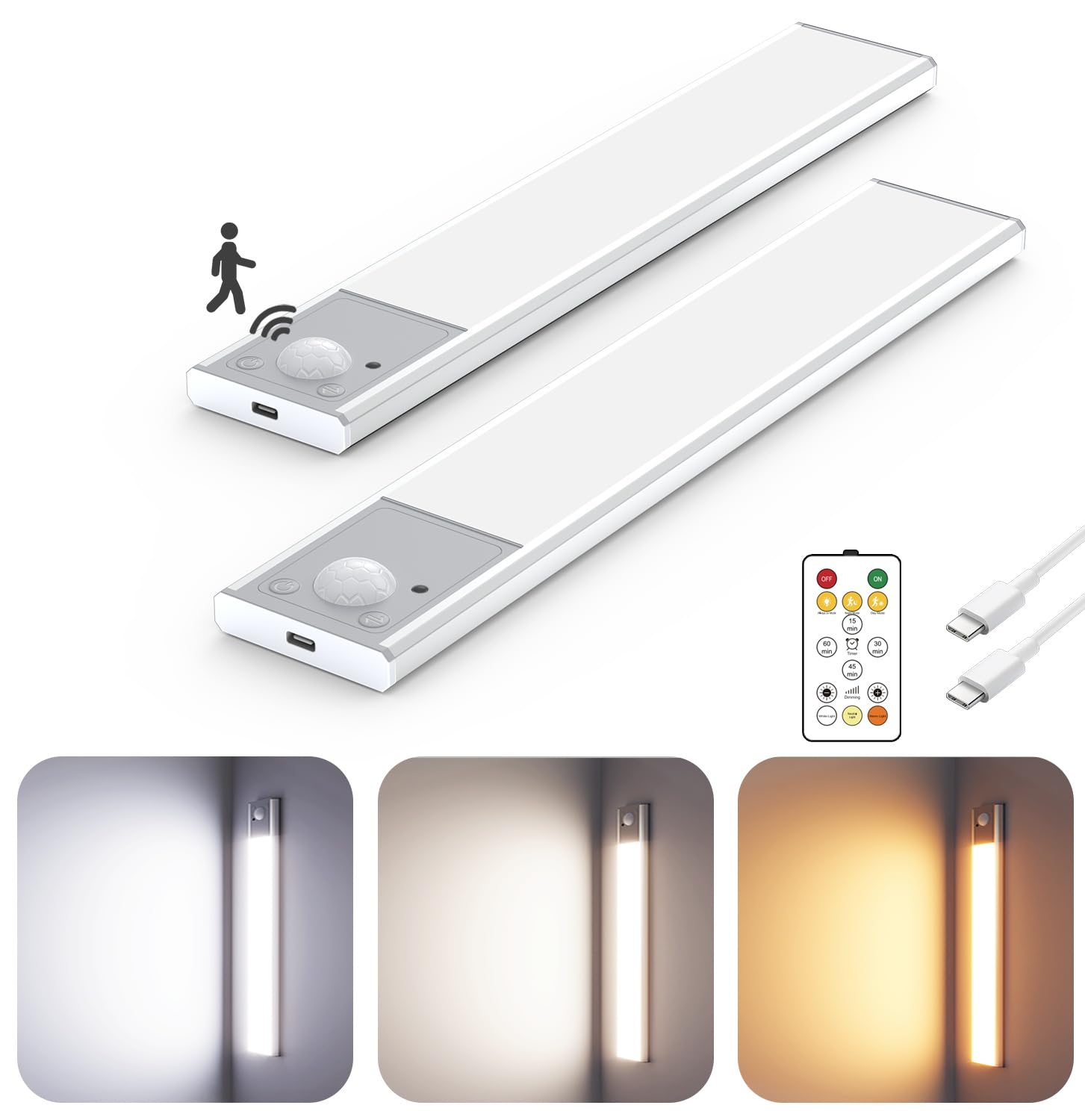 8" Ultra-Thin Under Cabinet Lighting Wireless, Aluminum Alloy Under Counter Lights for Kitchen, 3-Color-Temps Magnetic Closet Lights, Rechargeable Motion Sensor Light Indoor (2 Pack, Silver)