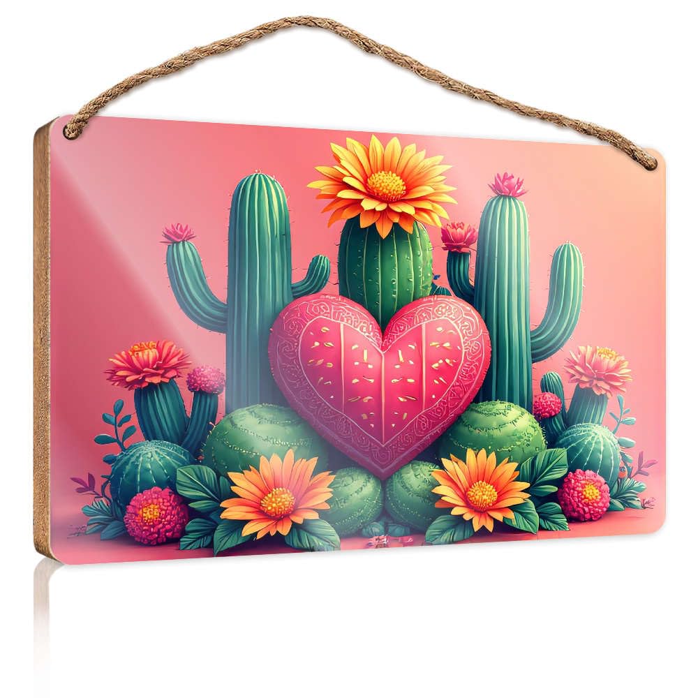 Wood Door Sign A Vibrant Heart Surrounded By Cacti And Flowers. Bar Signs For Home Decor Posters For Teens(23X35CM)