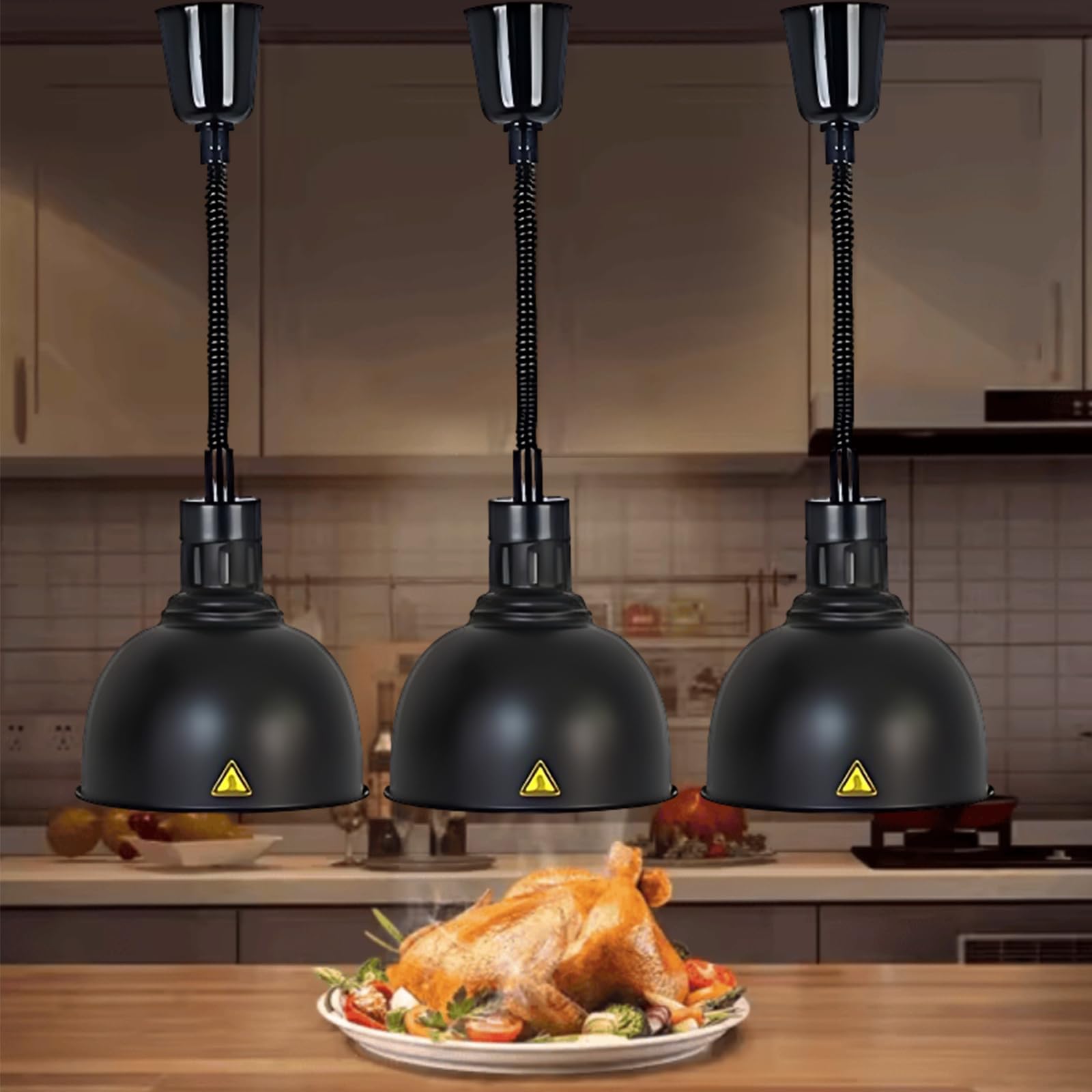 Lampada Riscaldante per Alimenti, Sospeso Lampade Scaldavivande Cucina 19 cm/25 cm, Lampade Riscaldanti per Cucina, Ristoranti, Hotel a Buffet 60-180cm Altezza Regolabile(Nero-25cm, 3 Pezzi)