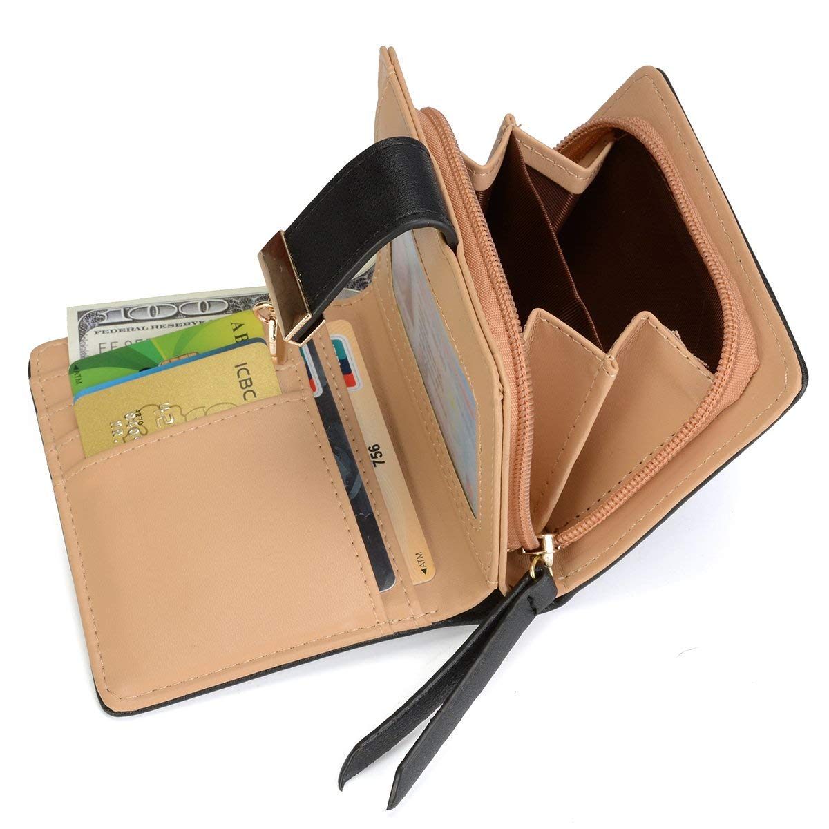 INOVERA (LABEL) Black Vegan Leather Women's Leaf Bi-fold Card Coin Holder Small Purse Clutch Wallet (KK23) 3