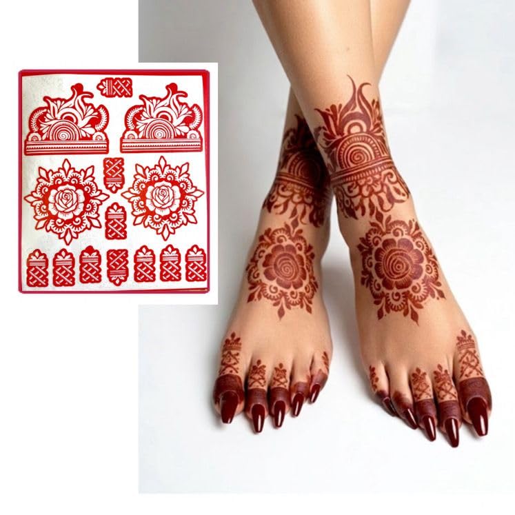 Red Mehndi Foot Sticker Floral Rose Mandala Anklet Pattern Temporary Tattoo Decal Bridal Festival Waterproof Skin Friendly Body Art Sheet-image-20