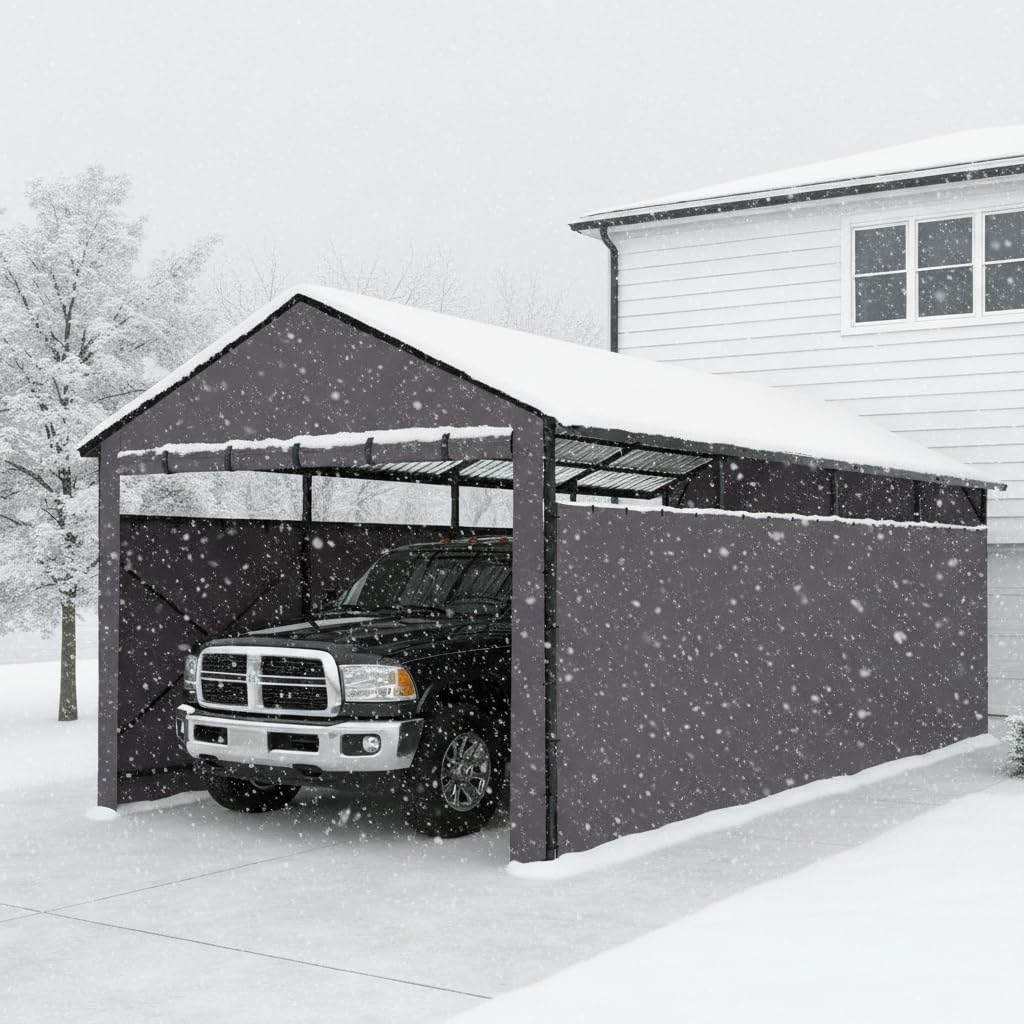 22x11 FT Heavy Duty Metal Carport with Oxford Cloth Enclosure,Reinforced Frame&Steel Roof for All-Weather Use,for Pickup Trucks,Outdoor Storage Canopy(Black)