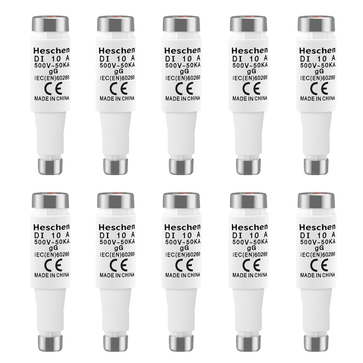 HeschenCeramic Neozed Fuse Links, DI Type Fuse Link, 10A 500VAC, gG Type, for Cable and Line Protection, 10PCS