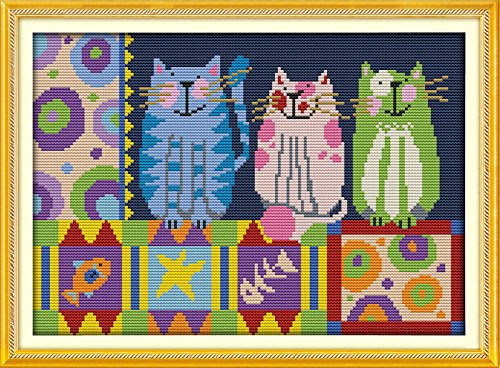 Image of Howie's Needlepoint Cross Stitch Kits, 14CT Pre-Printed Pattern Needlepoint Kits, Full Range of Stamped Starter Kits(Abstract Painting Cats,13.39 x 10.4 inch)