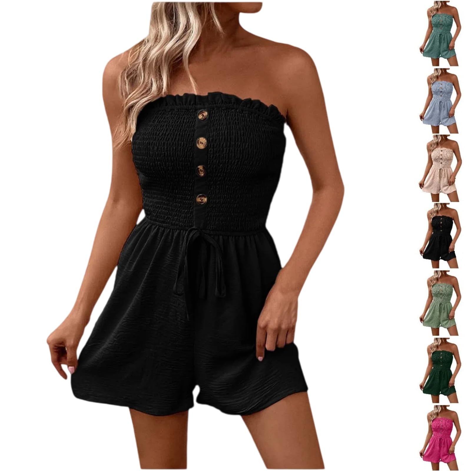 Jumpsuit Damen Sommer Kurz Elegant Romper Boho Bandeau Playsuit Pissee Stretch Overall Einfarbige Hohe Taille Hosenanzug Sexy Leicht Luftig Shorts mit Kordelzug Business Urlaub Strand Konzert Outfit