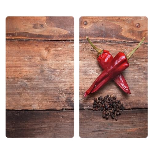 Allstar Herdabdeckplatte aus Glas, 2er Set, fĂĽr Glaskeramik- und Induktionskochfelder, Herdabdeckung, Glasschneidebrett & Spritzschutz fĂĽr die KĂĽchenwand mit Motiv, 30 x 52 cm, Mod. Pepper