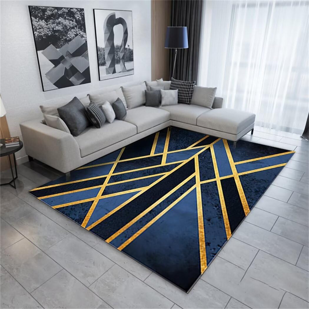 Tapis de salon moderne aux finitions soignées motif rayures dorées bleu 120x160