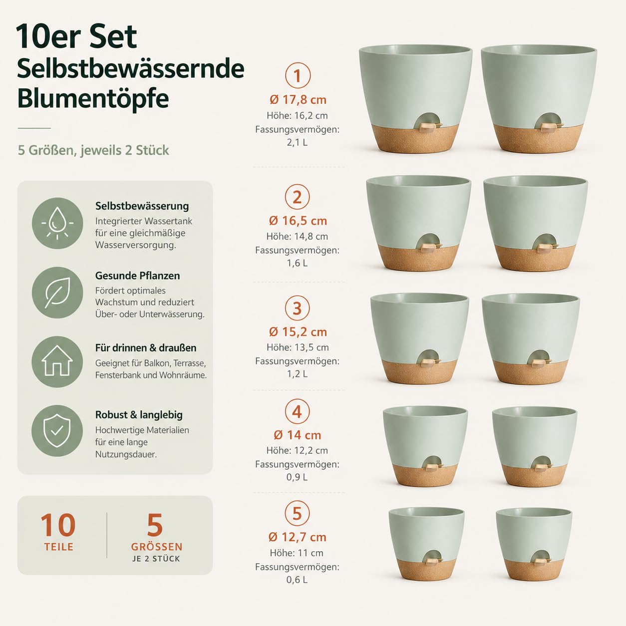 Lot de 10 pots de fleurs auto-arrosants, 5 tailles chacun