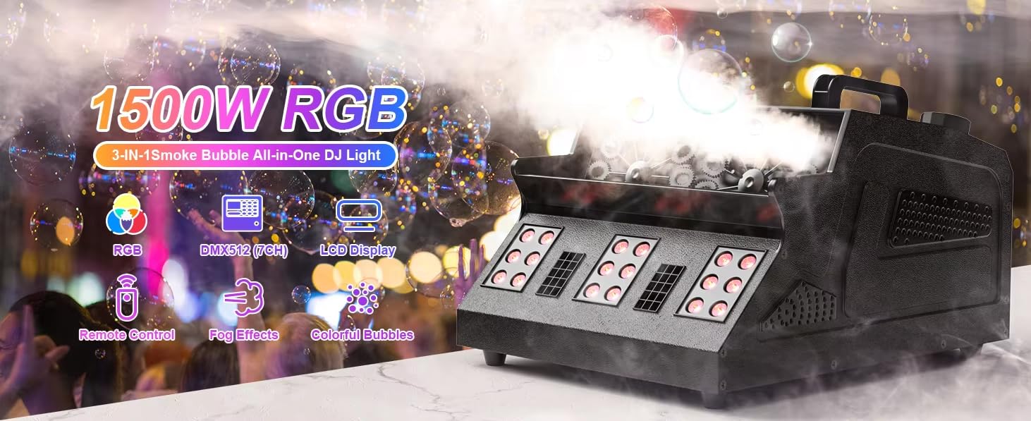 Smoke Bubble Machine 1500W Smoke Bubble Machine 8 RGB 3IN1 LED Bubble Fog Machine DMX Bubble Fogger Stage Light For DJ Halloween Party Wedding