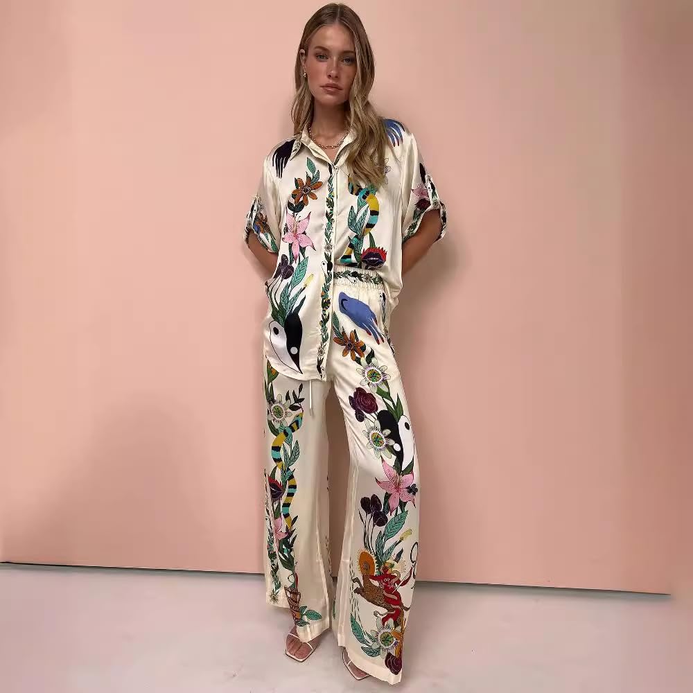 2-teiliges Boho-Outfit für Damen, Sommer, lässig, Graffiti-Druck, passendes Set, kurze Ärmel, Button-Down-Shirt und Hose mit Taschen, hawaiianische Loungewear