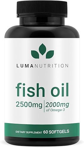Luma Nutrition Suplemento de aceite de pescado Omega 3 - Extra Strength 2500mg - 2000mg EPA y DHA - Salud cerebral y cardíaca - 60 cápsulas blandas