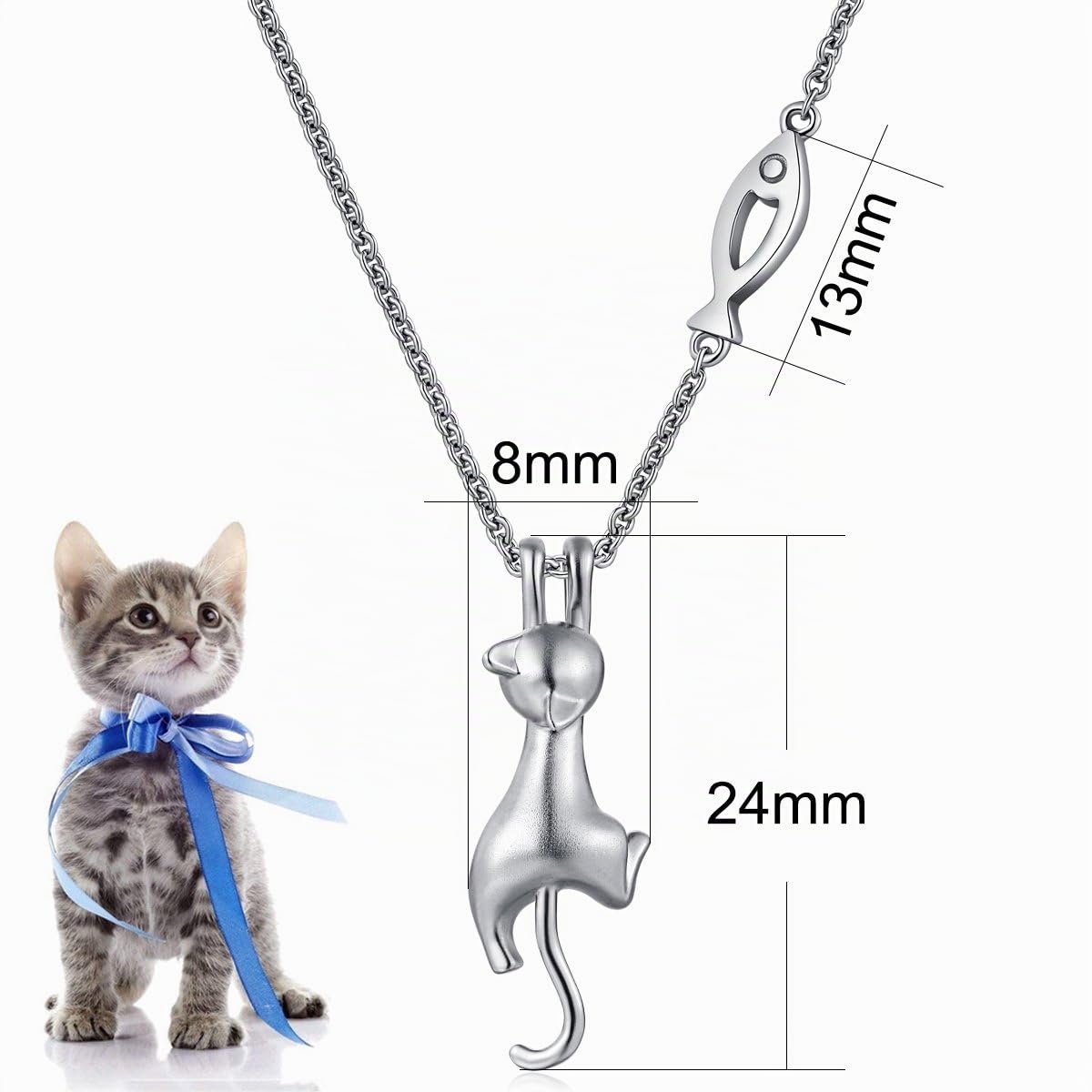 Katze Kette Katzen Mond Halskette Katze Schmuck für Damen Mädchen, 925 Sterlingsilber, 18K Weißgold Plattierte