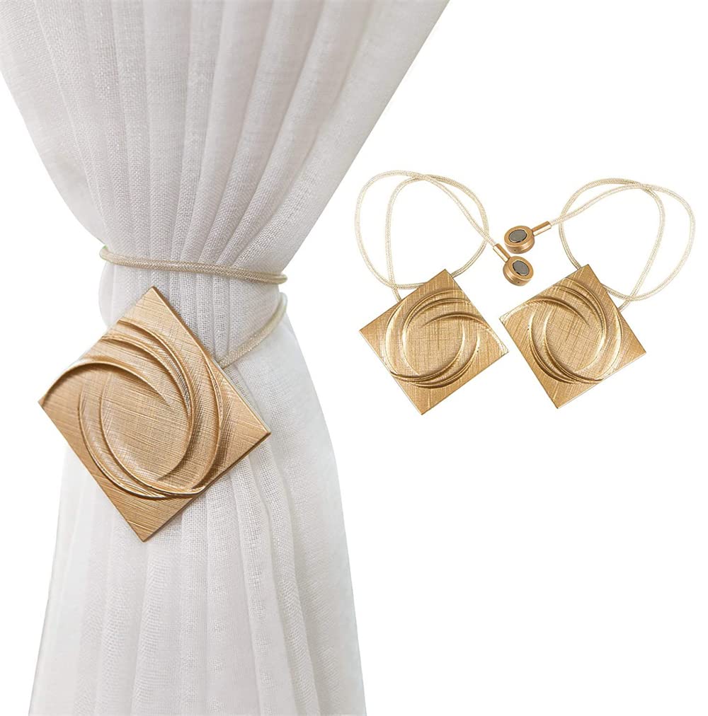 SYOSI 2 Pack Magnetic Curtain Tiebacks, Decorative Curtain Holdbacks with Shells Design, Vintage Metal & Plastic/Resin Finish, Gold Color, Curtain Ties for Home Office, No-Install Drill Hook