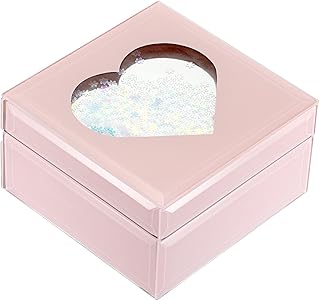 Hipiwe Pink Glass Jewelry Box with Sequin Decor Mirrored Heart-Shaped Trinket Organizer Decorative Keepsake Box Jewelry Storage Box Birthday Gifts for Girls, Women