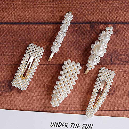 RUCHULOVE 5Pcs Pearl Hair Clips Barrettes for Women Girls, Nice Artificial Pearl Snap Hair Clip/Barrette/Pin Set Bobby Pins Styling Tools Accessories for Birthday Wedding Party Daily (Gold)