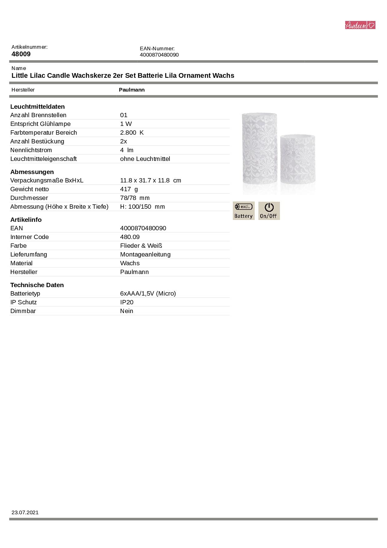 Pauleen 48009 Little Lilac Candle zestaw 2 świec LED z prawdziwego wosku, ciepła biel, migoczący płomień; liliowo-biała