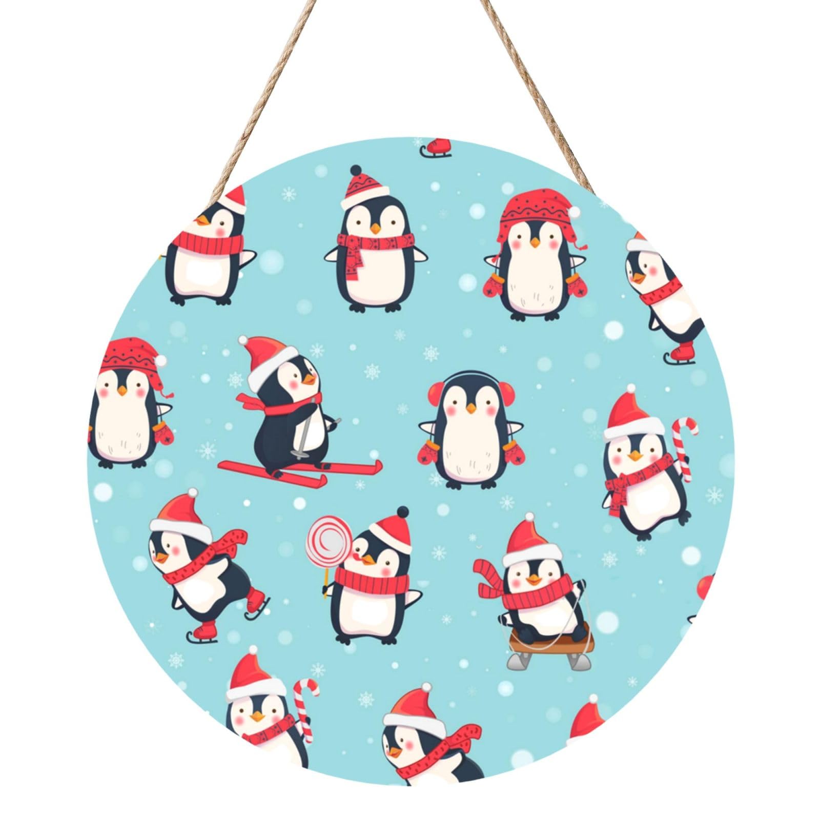 InOmak Christmas Penguins Print, Round Wood Panel Painting 12 in, Wall Hanging Painting For Home