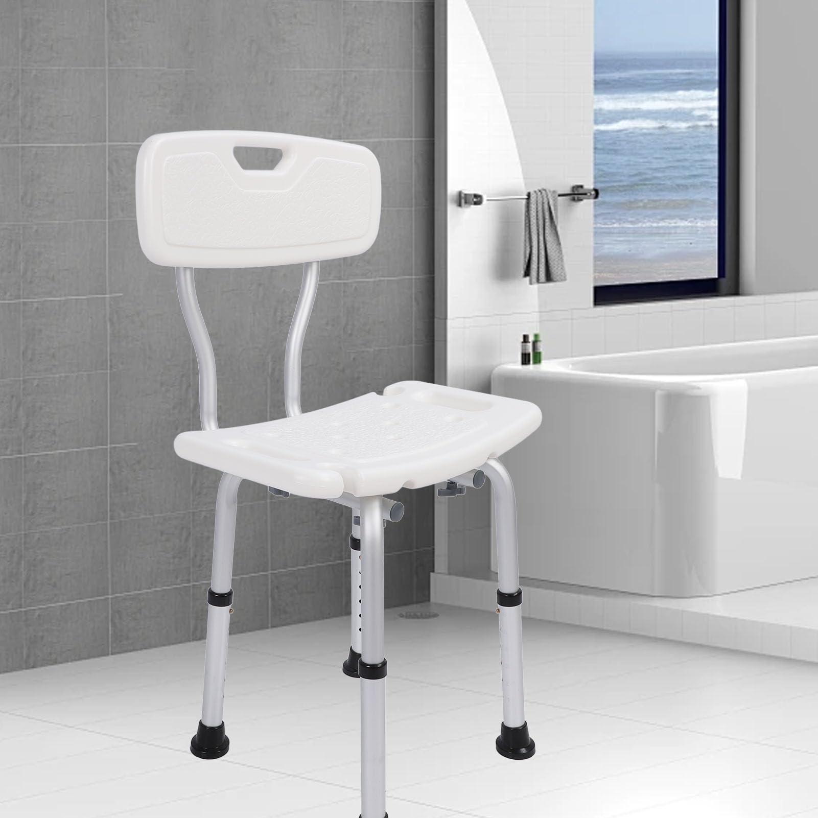 Silla de baño con respaldo ajustable en altura, respaldo antideslizante, silla de ducha de aleación de aluminio de 250 libras para ancianos y discapacitados